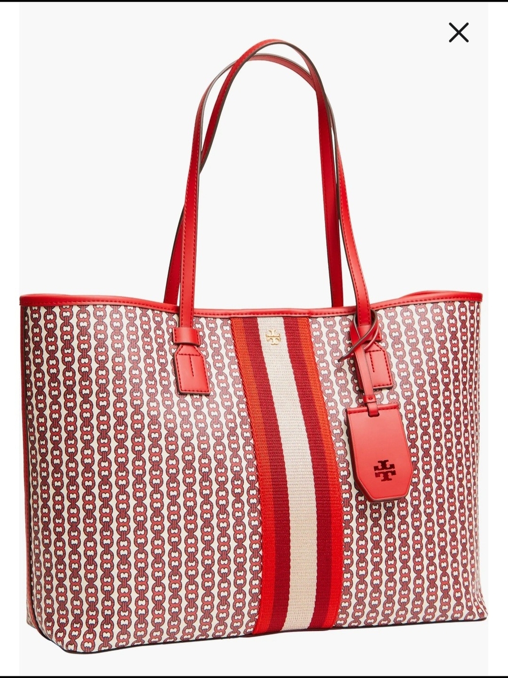 Tory Burch Gemini Link Tote Red Canvas Chain Print Large Shopper Travel Shoulder